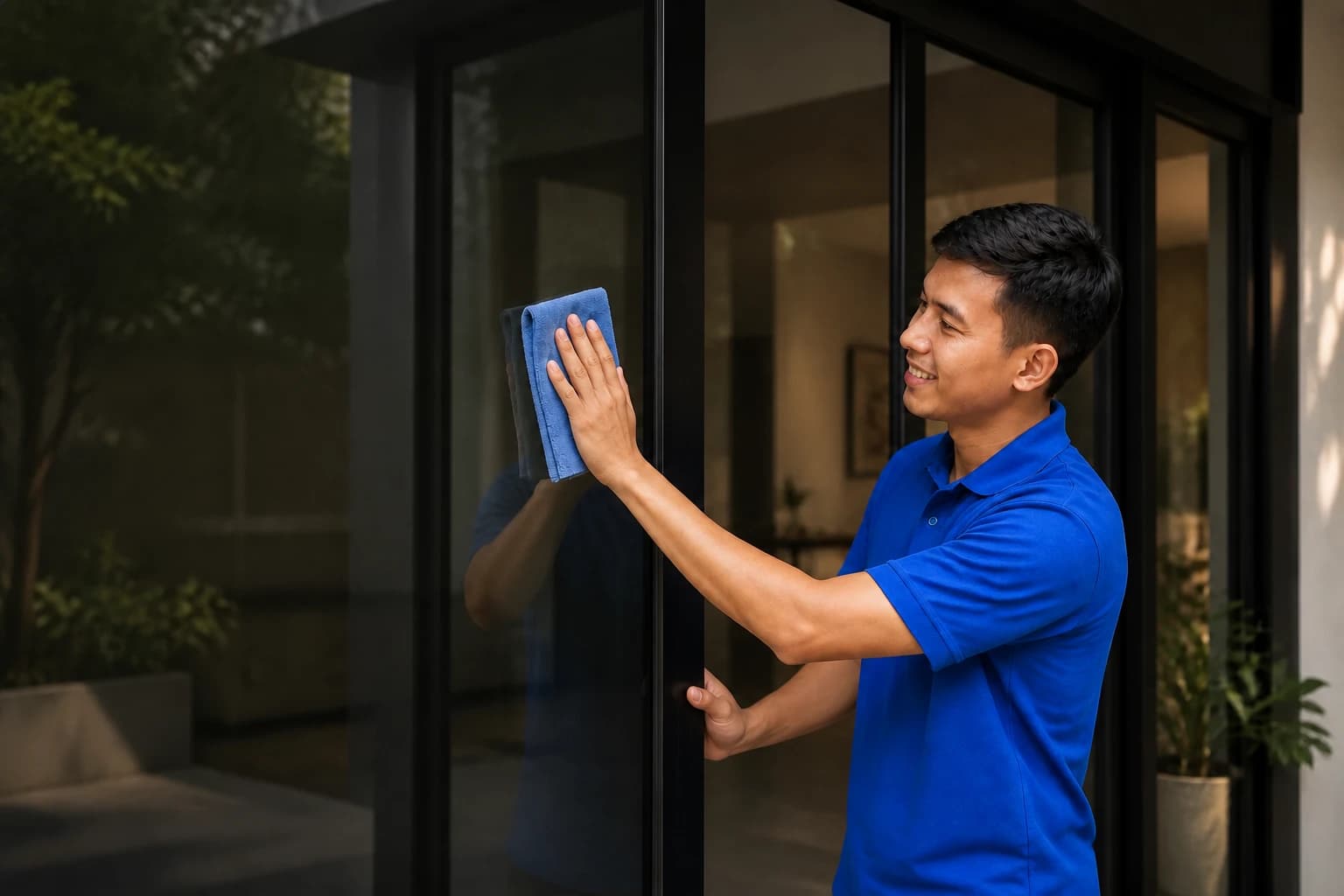 Teknisi Birumu membersihkan pintu aluminium yang baru dipasang